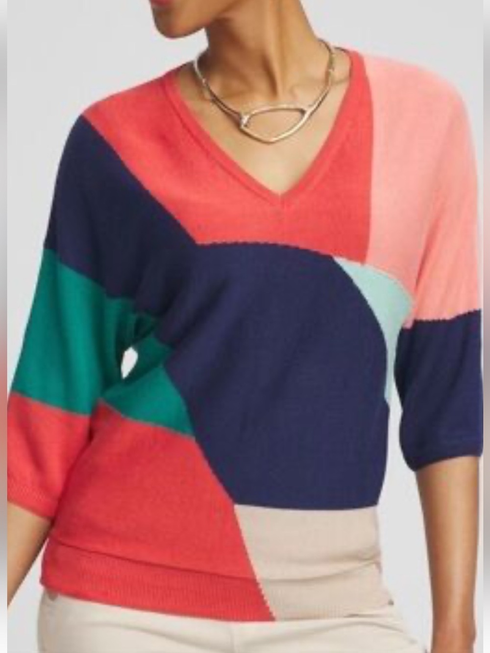 Chicos Colorblock V-Neck Elbow Sleeve Sweater SZ 2/L